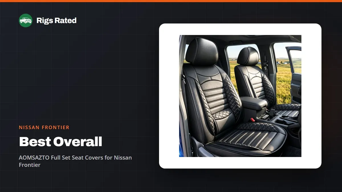 AOMSAZTO Full Set Seat Covers for Nissan Frontier, the best overall in our nissan frontier guide, on a Rigs Rated backdrop