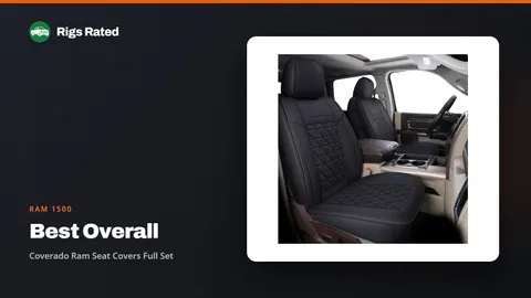 Coverado Ram Seat Covers Full Set, the best overall in our ram 1500 guide, on a Rigs Rated backdrop