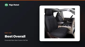 Coverado Ram Seat Covers Full Set, the best overall in our ram 1500 guide, on a Rigs Rated backdrop