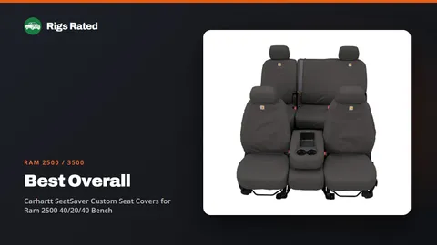 Carhartt SeatSaver Custom Seat Covers for Ram 2500 40/20/40 Bench, the best overall in our ram 2500 / 3500 guide, on a Rigs Rated backdrop