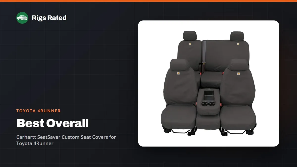 Carhartt SeatSaver Custom Seat Covers for Toyota 4Runner, the best overall in our toyota 4runner guide, on a Rigs Rated backdrop
