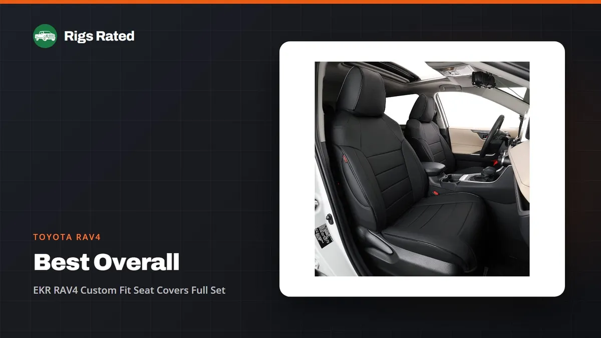 EKR RAV4 Custom Fit Seat Covers Full Set, the best overall in our toyota rav4 guide, on a Rigs Rated backdrop
