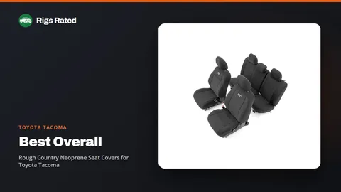Rough Country Neoprene Seat Covers for Toyota Tacoma, the best overall in our toyota tacoma guide, on a Rigs Rated backdrop