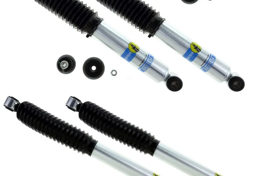 Bilstein B8 5100 Series zinc plated monotube truck shocks shown as a front and rear set