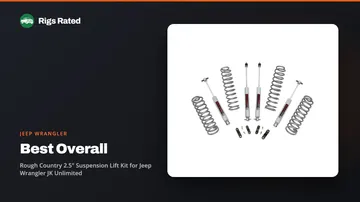 Rough Country 2.5" Suspension Lift Kit for Jeep Wrangler JK Unlimited, the best overall in our jeep wrangler guide, on a Rigs Rated backdrop