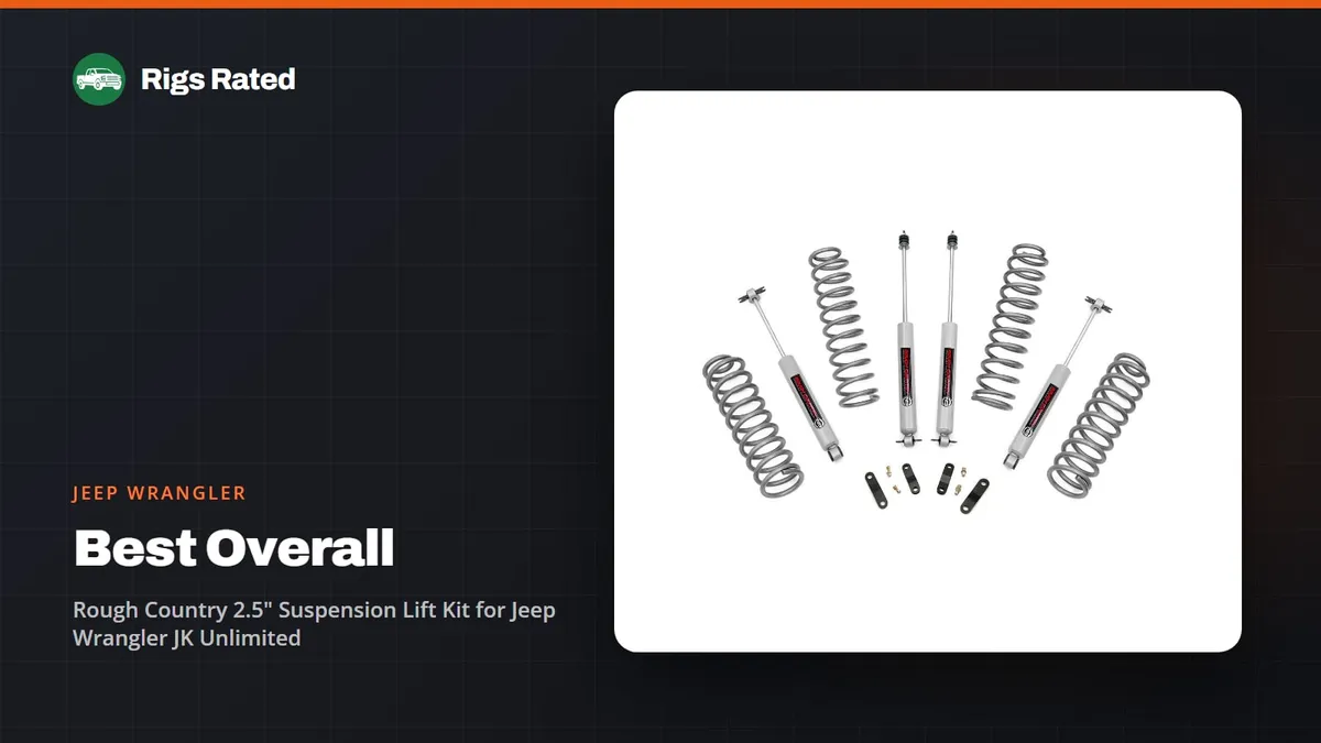 Rough Country 2.5" Suspension Lift Kit for Jeep Wrangler JK Unlimited, the best overall in our jeep wrangler guide, on a Rigs Rated backdrop