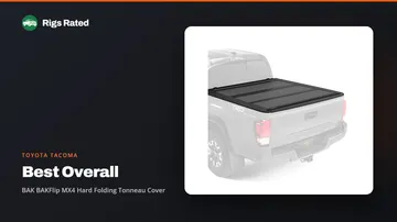 BAK BAKFlip MX4 Hard Folding Tonneau Cover, the best overall in our toyota tacoma guide, on a Rigs Rated backdrop