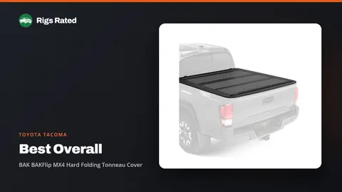 BAK BAKFlip MX4 Hard Folding Tonneau Cover, the best overall in our toyota tacoma guide, on a Rigs Rated backdrop