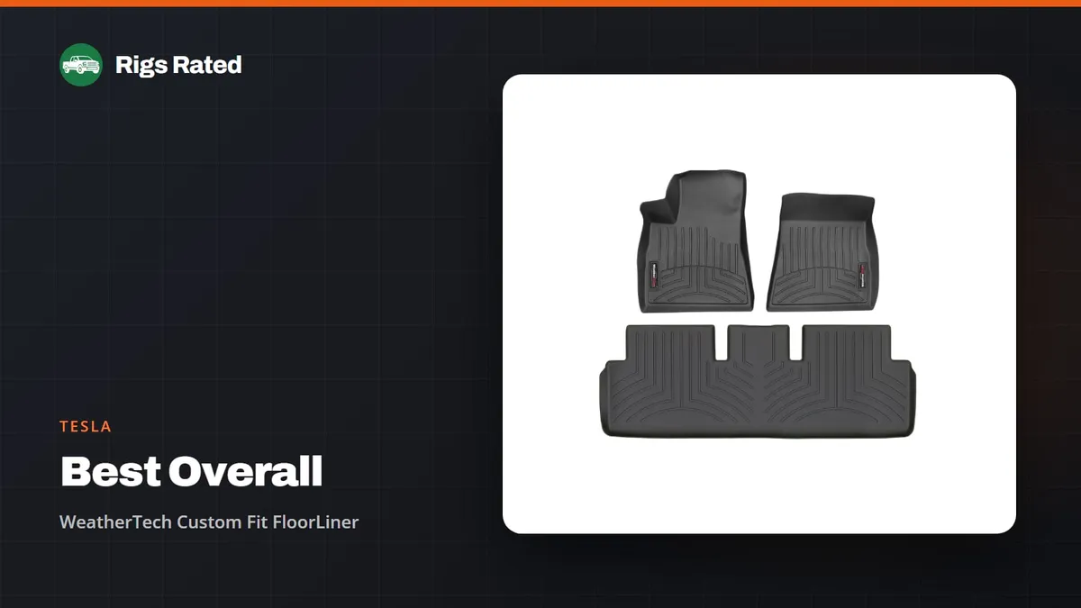 WeatherTech Custom Fit FloorLiner, the best overall in our tesla guide, on a Rigs Rated backdrop