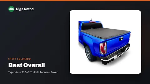 Tyger Auto T3 Soft Tri-Fold Tonneau Cover, the best overall in our chevy colorado guide, on a Rigs Rated backdrop