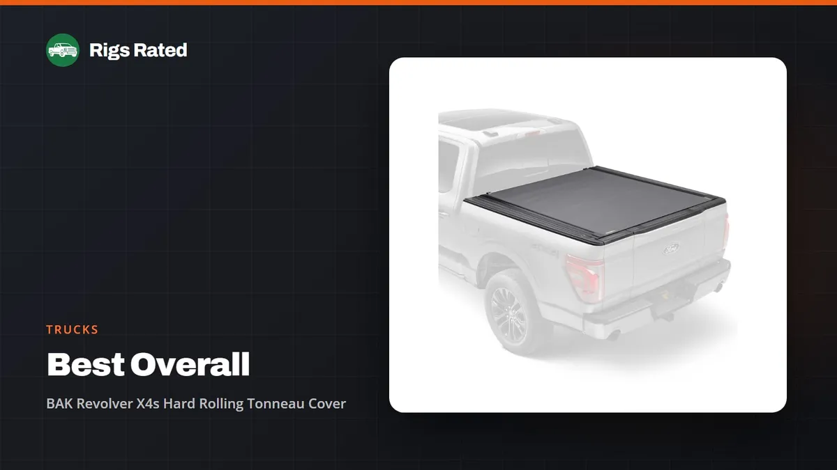 BAK Revolver X4s Hard Rolling Tonneau Cover, the best overall in our trucks guide, on a Rigs Rated backdrop
