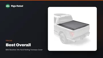 BAK Revolver X4s Hard Rolling Tonneau Cover, the best overall in our trucks guide, on a Rigs Rated backdrop