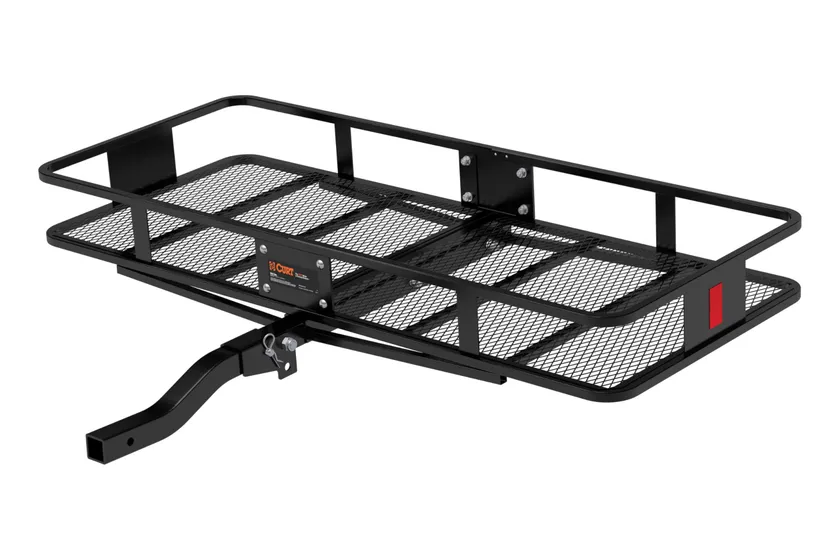 CURT 18153 black steel folding hitch cargo carrier basket with a raised shank