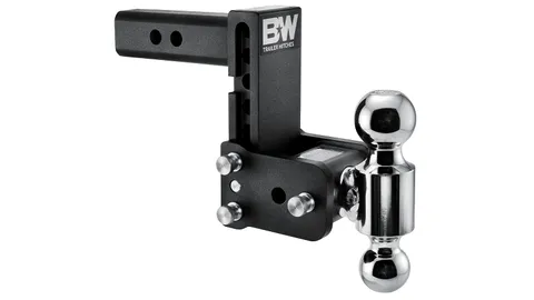 Adjustable steel trailer hitch ball mount with a 2 inch and a 2-5/16 inch ball ready to drop into a truck receiver