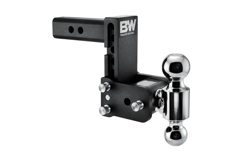 B&W Tow and Stow black steel adjustable ball mount with a 2 inch and a 2-5/16 inch ball on a pivoting head