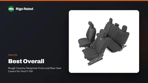Rough Country Neoprene Front and Rear Seat Covers for Ford F-150, the best overall in our trucks guide, on a Rigs Rated backdrop