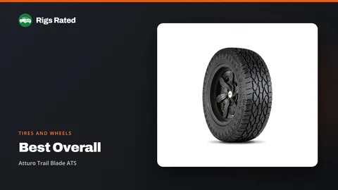 Atturo Trail Blade ATS, the best overall in our tires and wheels guide, on a Rigs Rated backdrop