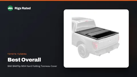 BAK BAKFlip MX4 Hard Folding Tonneau Cover, the best overall in our toyota tundra guide, on a Rigs Rated backdrop