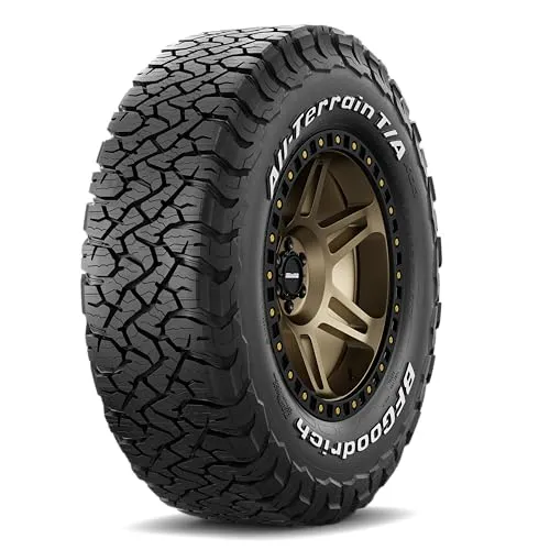 BFGoodrich All-Terrain T/A KO3 tire standing upright, showing the serrated shoulder blocks and the thick sidewall rubber