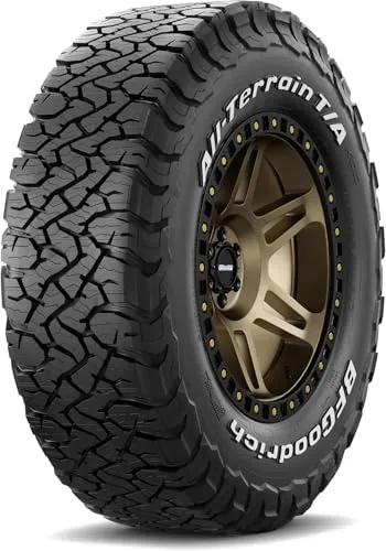 BFGoodrich All-Terrain T/A KO3 light truck tire standing upright, showing its serrated shoulder blocks and the LT size markings on the sidewall
