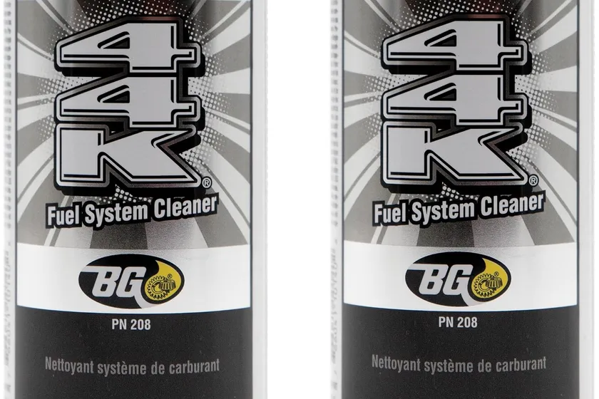 Two BG 44K Fuel System Cleaner 11 ounce metal cans with silver and blue labels