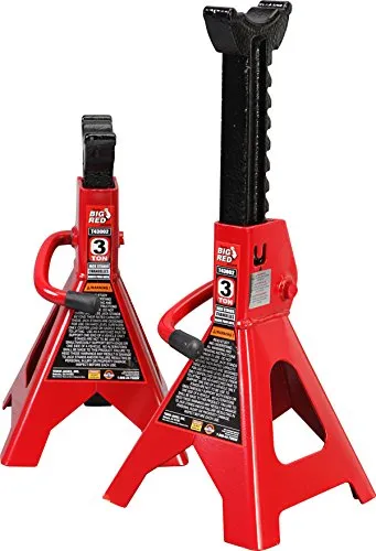 Pair of red BIG RED Torin 3 ton steel jack stands with welded pyramid frames and sawtooth ratchet bars