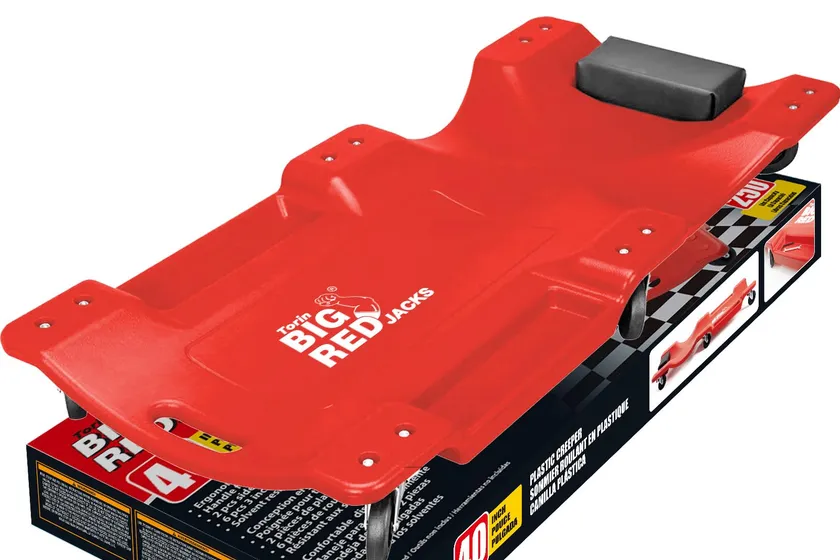 Red BIG RED TRP6240 blow molded plastic mechanic creeper with padded headrest and dual side tool trays