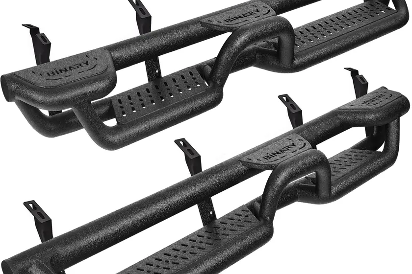 BINARY STAR 6 inch wheel to wheel running boards running past the cab and along the bed of a 2024 Toyota Tacoma