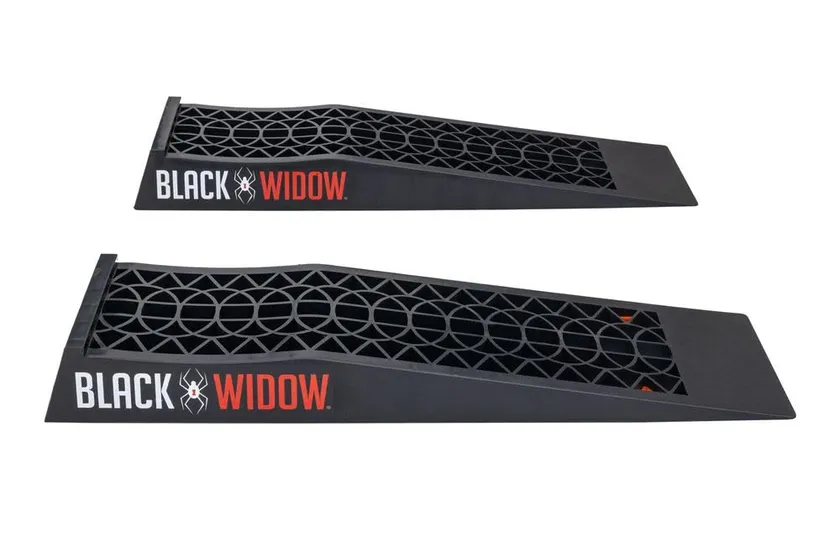 Pair of black Black Widow low profile car ramps with a shallow 2.5 inch rise for low clearance vehicles