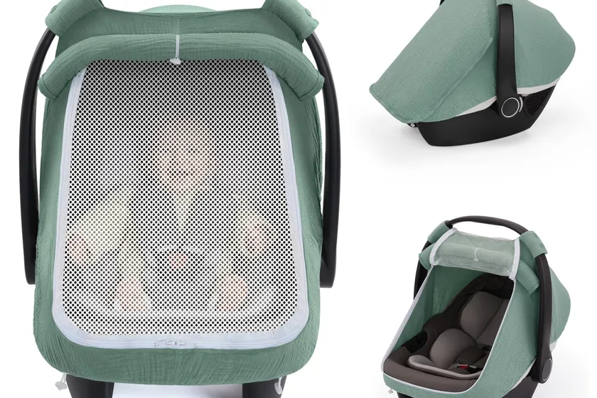Blissful Diary Roman green muslin infant car seat cover with an extra large mesh viewing window