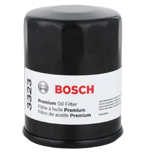 Bosch 3323 Premium spin-on engine oil filter standing upright next to its blue retail box