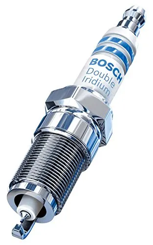 Four Bosch 96302 OE Fine Wire Double Iridium spark plugs laid out in front of the blue Bosch retail box