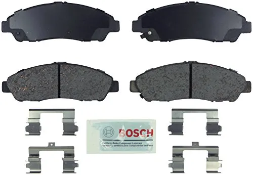 Bosch BE1280H Blue ceramic front brake pad set with its hardware kit and rust inhibitive coated backing plates