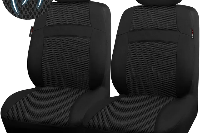 Black CAR PASS 3D air mesh car seat cover shown fitted to a front bucket seat