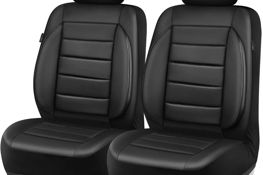 Black CAR PASS faux leather car seat covers with 3D foam support shown installed on two front seats