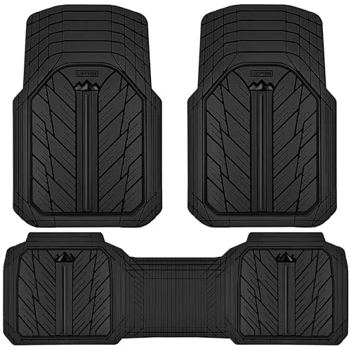 CAR PASS solid black deep dish rubber car floor mats laid out as a four piece universal set