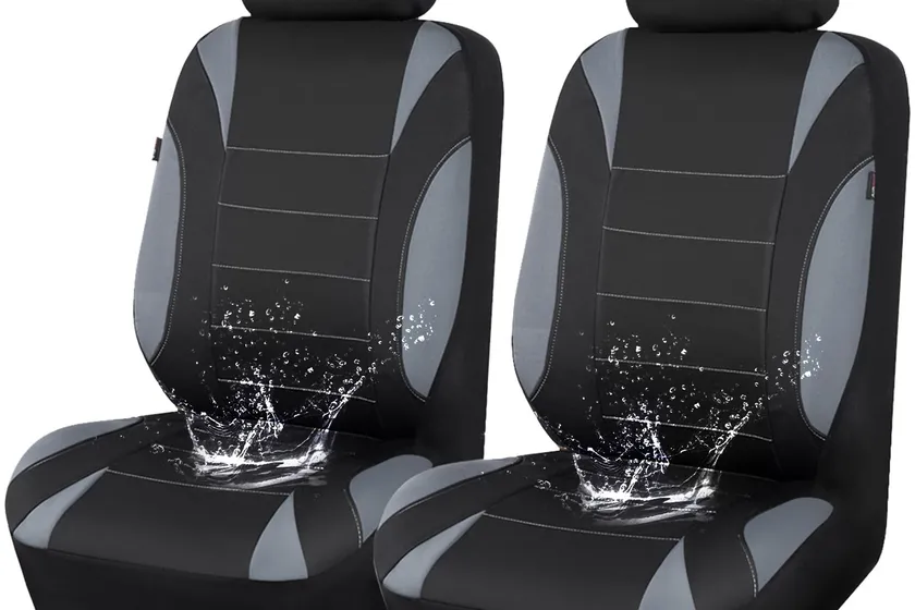 Gray CAR PASS neoprene front seat covers with separate headrest covers on a bucket seat