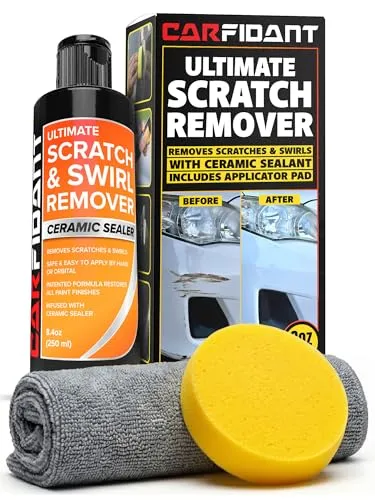 Carfidant Scratch and Swirl Remover bottle with its foam buffer pad and microfiber towel
