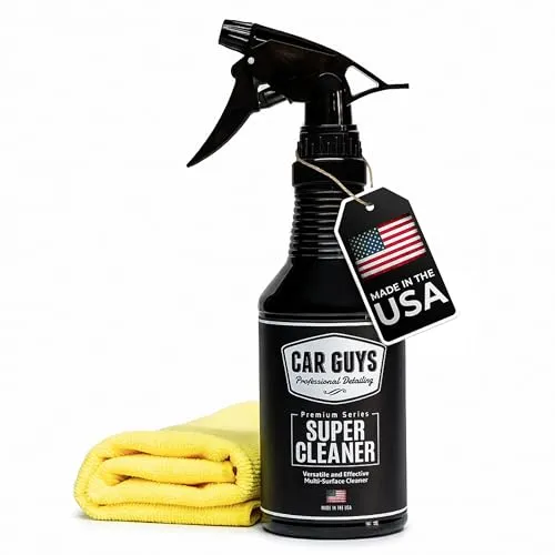 CarGuys Interior Car Cleaner 18 oz bottle next to the microfiber towel included in the kit