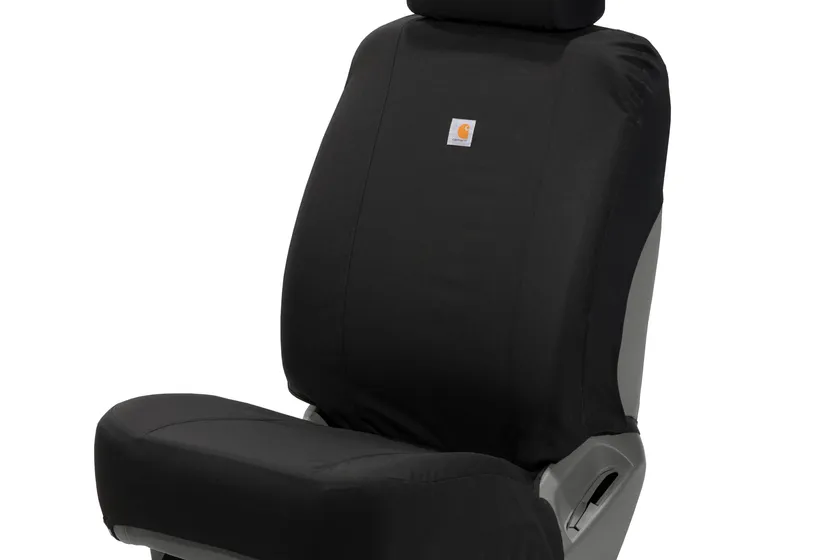 Carhartt universal nylon duck canvas bucket seat cover in black with Rain Defender finish on a truck seat