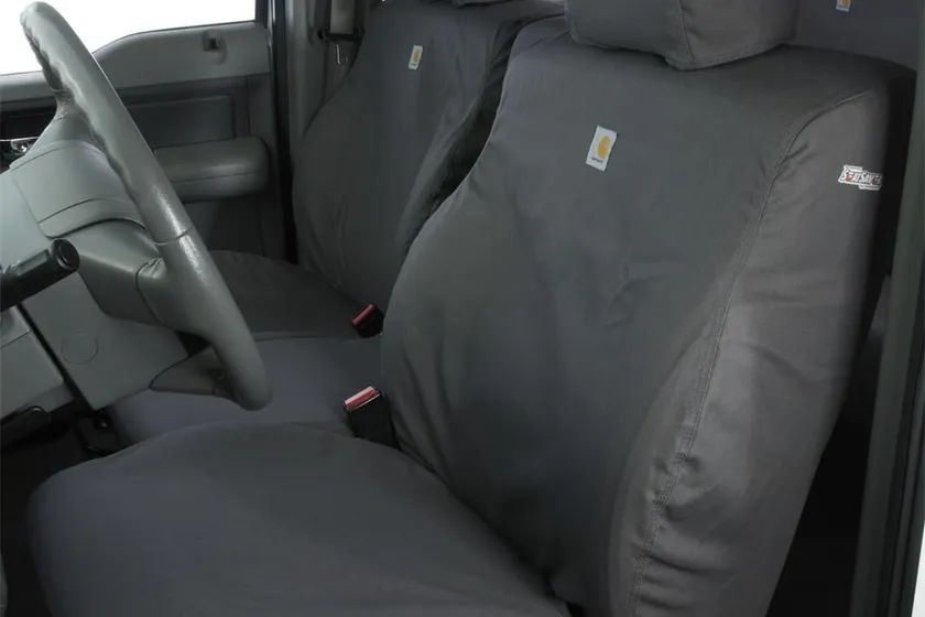 Covercraft Carhartt SeatSaver duck weave seat covers in gravel on Jeep Wrangler JL front bucket seats