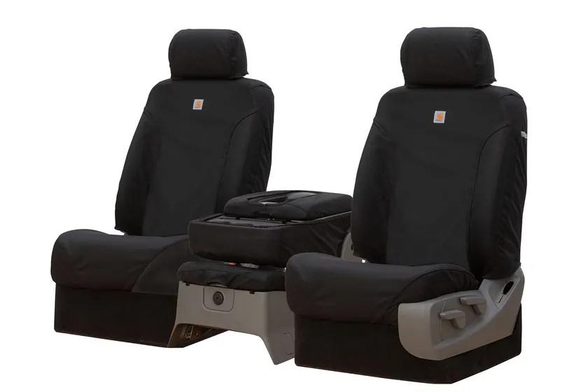 Covercraft Carhartt Super Dux SeatSaver black custom seat covers on a Silverado 40/20/40 front bench seat