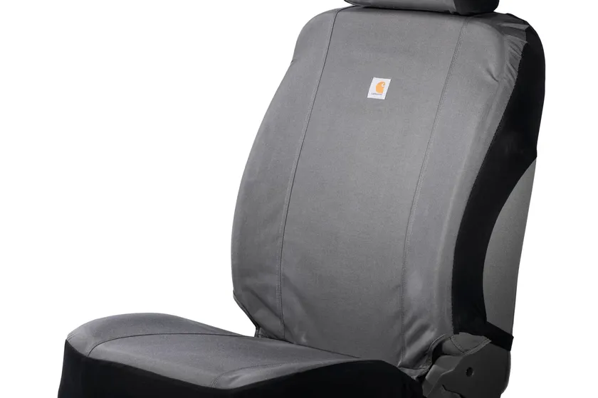 Gravel colored Carhartt nylon duck canvas fitted bucket seat cover on a truck seat