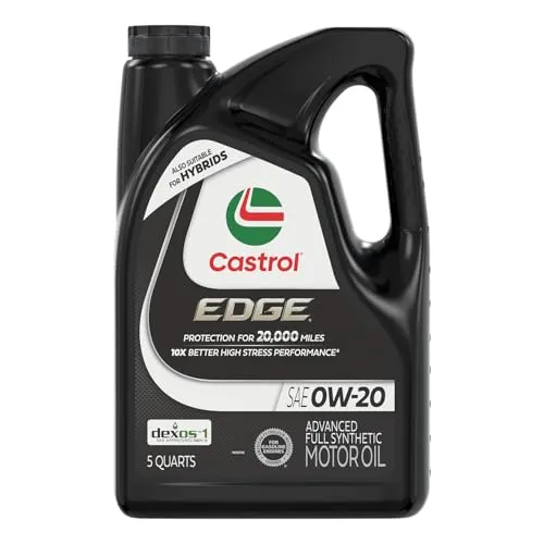 Castrol EDGE 0W-20 Advanced Full Synthetic motor oil in a 5 quart black and white jug
