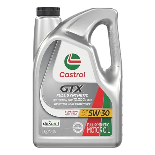 Castrol GTX Full Synthetic 5W-30 motor oil in a 5 quart green and white jug