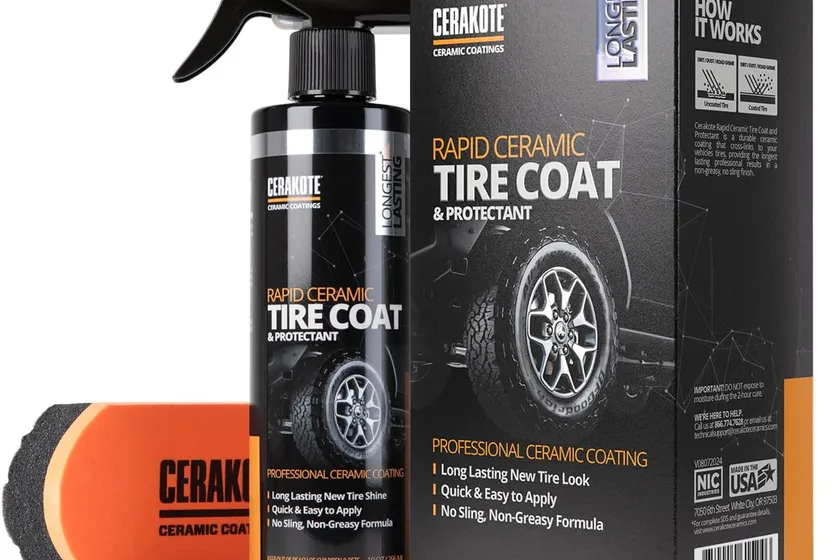 CERAKOTE Rapid Ceramic Tire Coat 10 oz bottle and foam applicator pad beside a dark tire sidewall