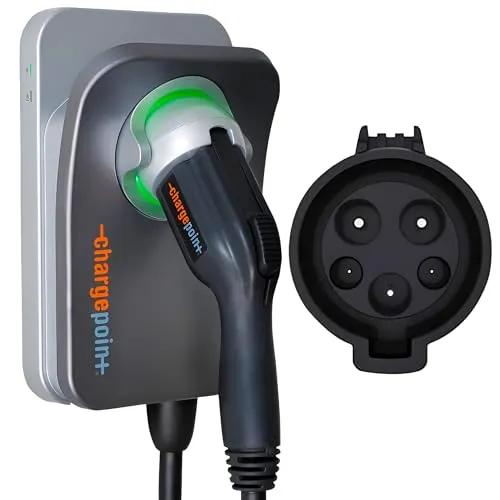 ChargePoint HomeFlex grey hardwired Level 2 EV charger with J1772 connector mounted on a garage wall