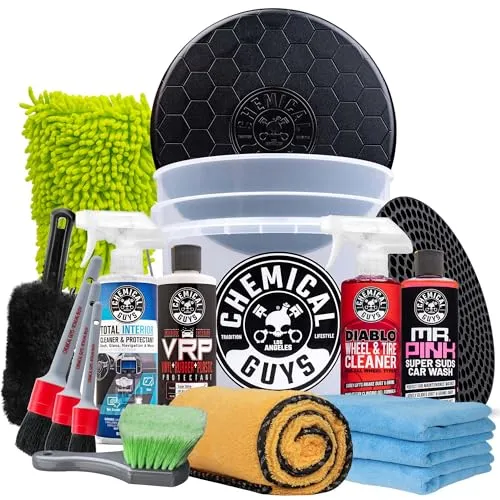 Chemical Guys 17-piece car detailing kit showing the heavy duty bucket with Dirt Trap, wash soap, wheel cleaner, interior cleaner, brushes and microfiber towels