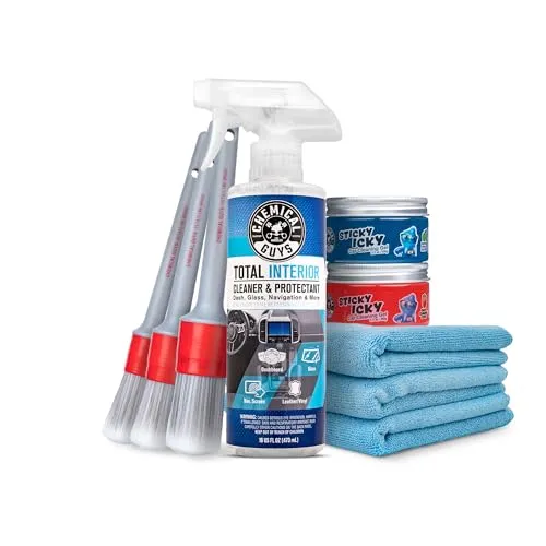 Chemical Guys 9-piece interior car cleaning kit with Total Interior Cleaner, three microfiber towels, three soft bristle detailing brushes and two scented gels
