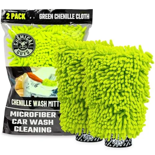 Pair of green Chemical Guys chenille microfiber car wash mitts with elastic cuffs